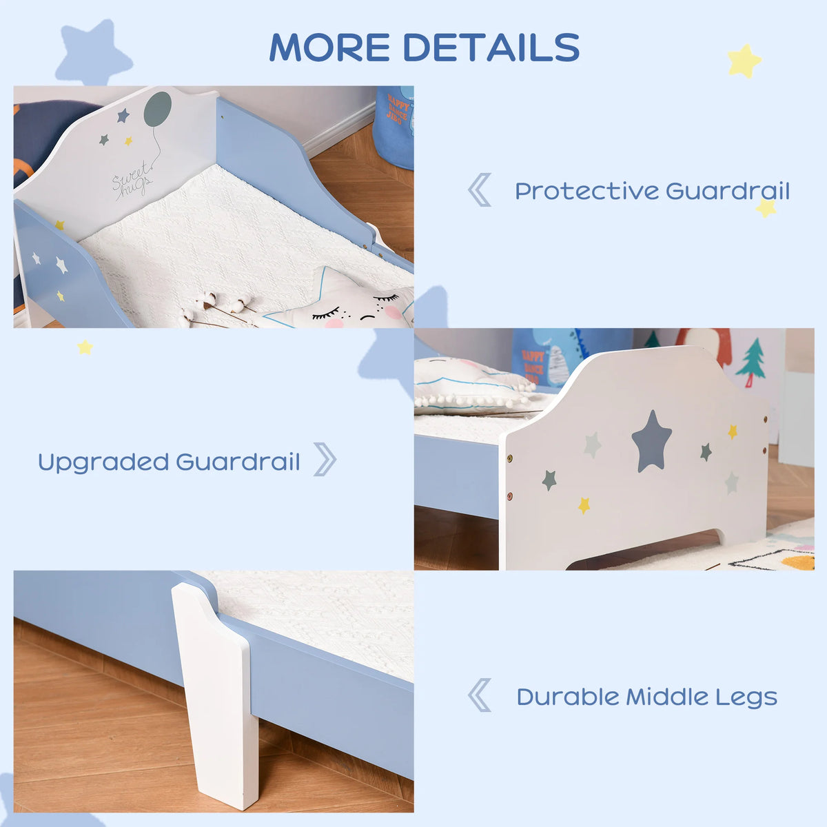 Toddler Bed Frame with Guardrails Low Rise Poplar Wood and MDF with Slats Star Design 50kg Blue and White