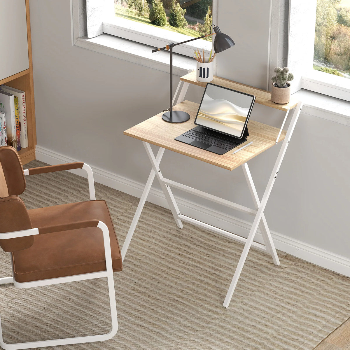 Small Folding Computer Desk with Monitor Shelf, 70cm, Natural and White