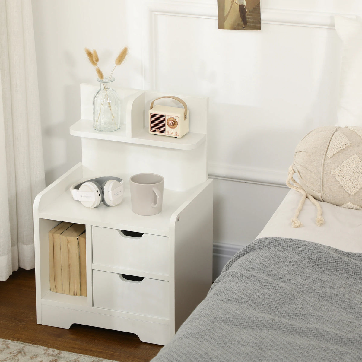 Bedside Table with 2 Drawers and Open Storage Shelves 54cm Tall Rectangular Nightstand for Bedroom