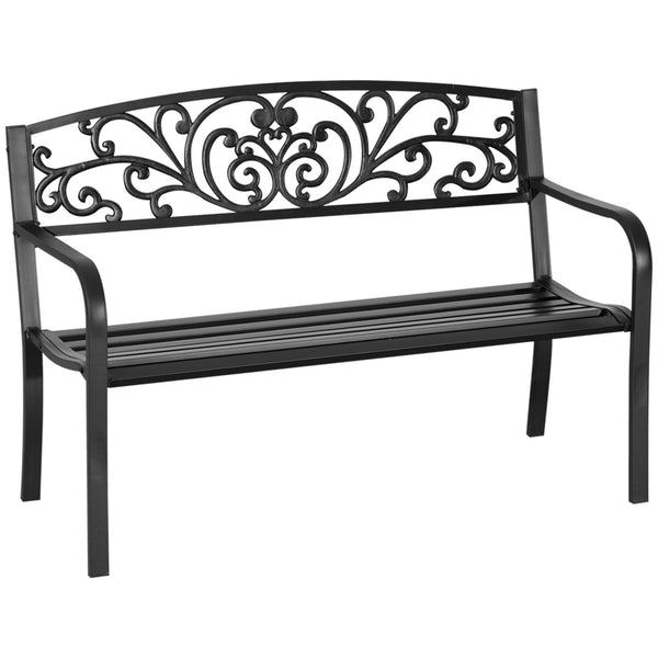 2 Seater Metal Garden Bench with Floral Backrest, Powder Coated Steel, Black