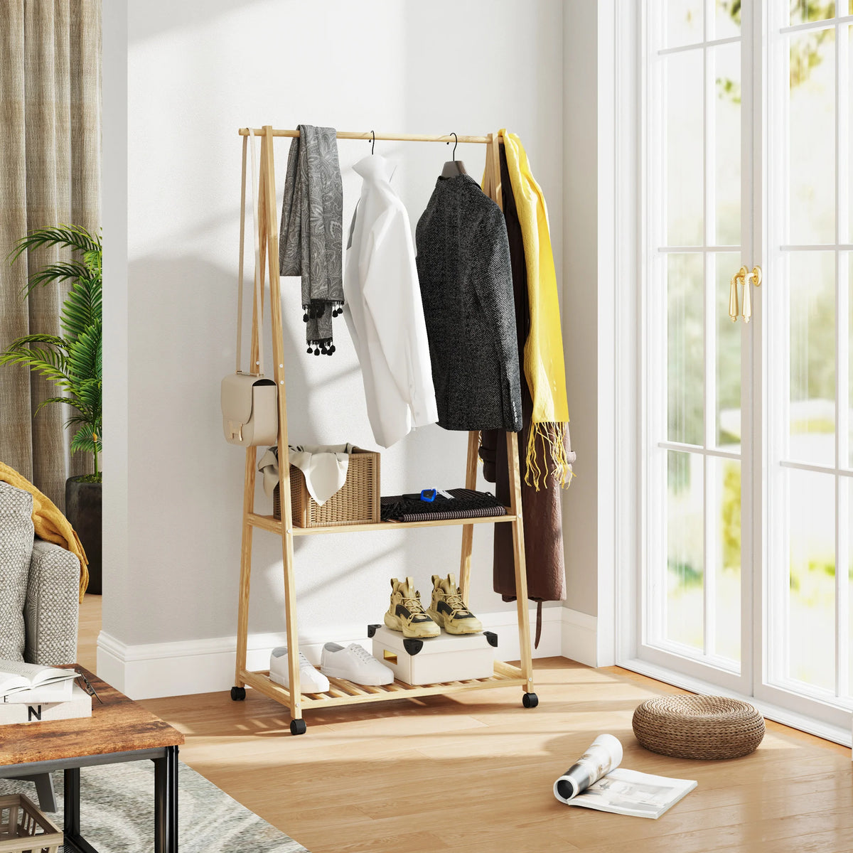 Bamboo Clothes Rail with 2 Shelves, Hooks and Wheels