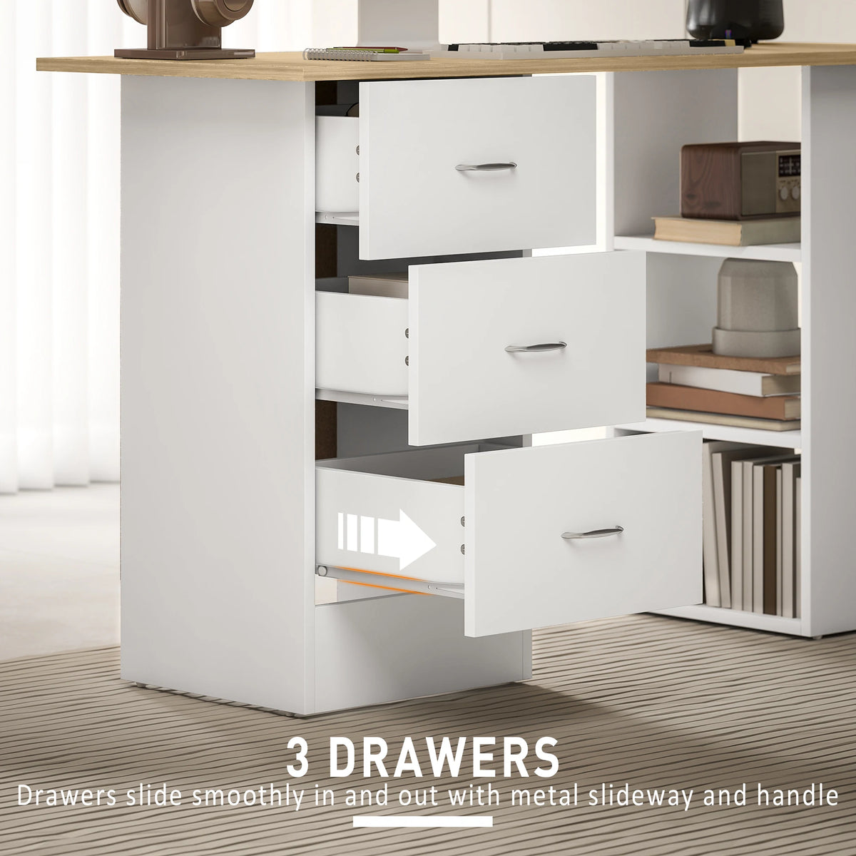 Computer Desk 120x49x72cm with 3 Drawers and 3 Open Shelves Reversible MDF Study Table Natural