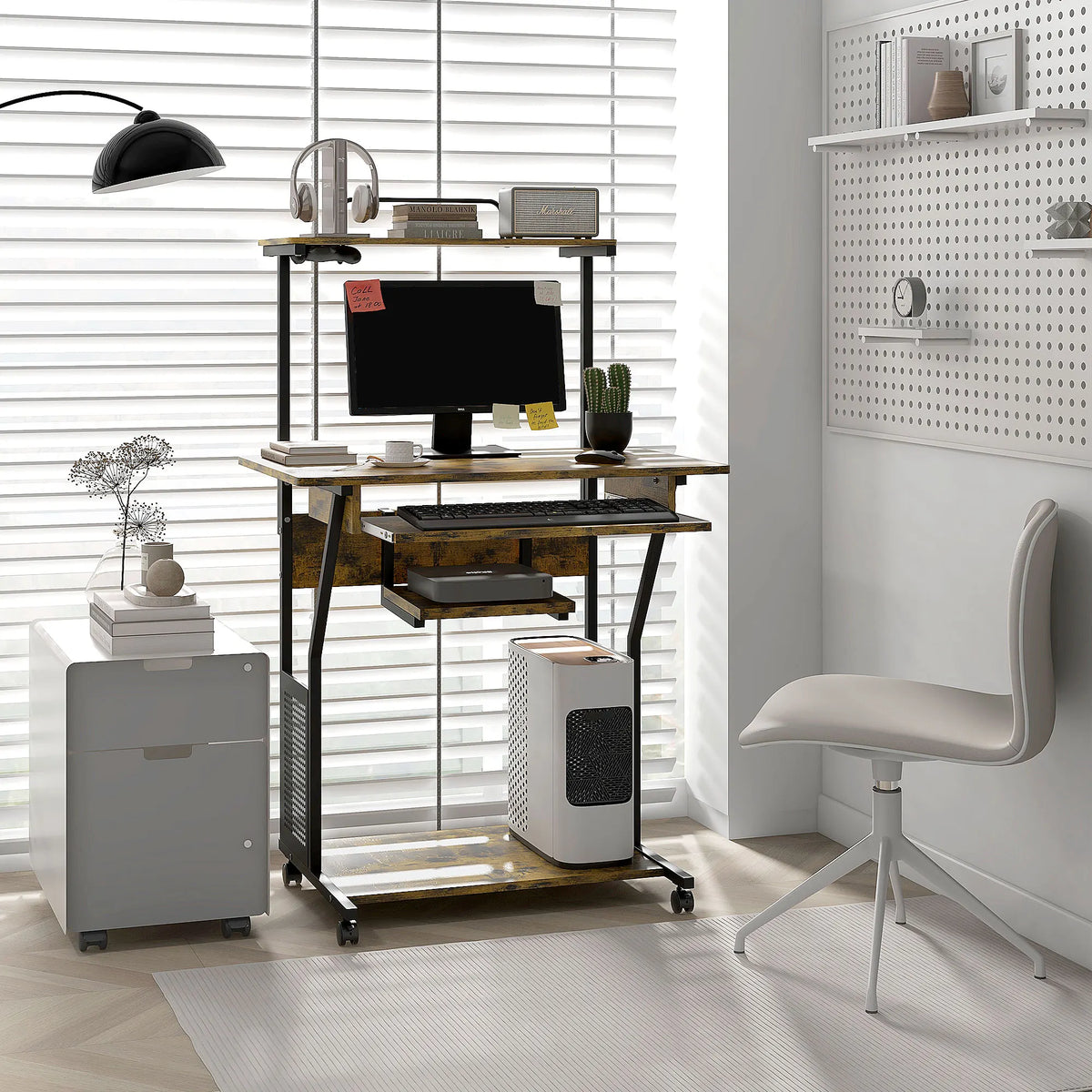 Mobile Computer Desk with Keyboard Tray, Shelves and Lockable Wheels, Rustic Brown