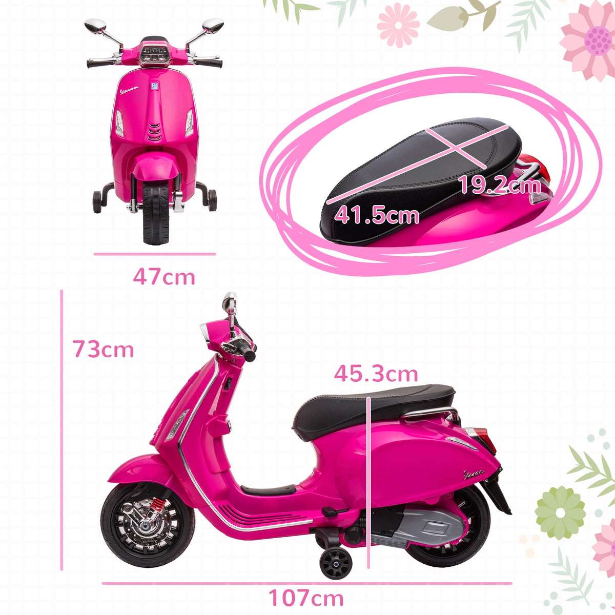 Vespa Licensed 12V Kids Electric Ride On Motorbike 107x47x73cm with Training Wheels Lights and Music