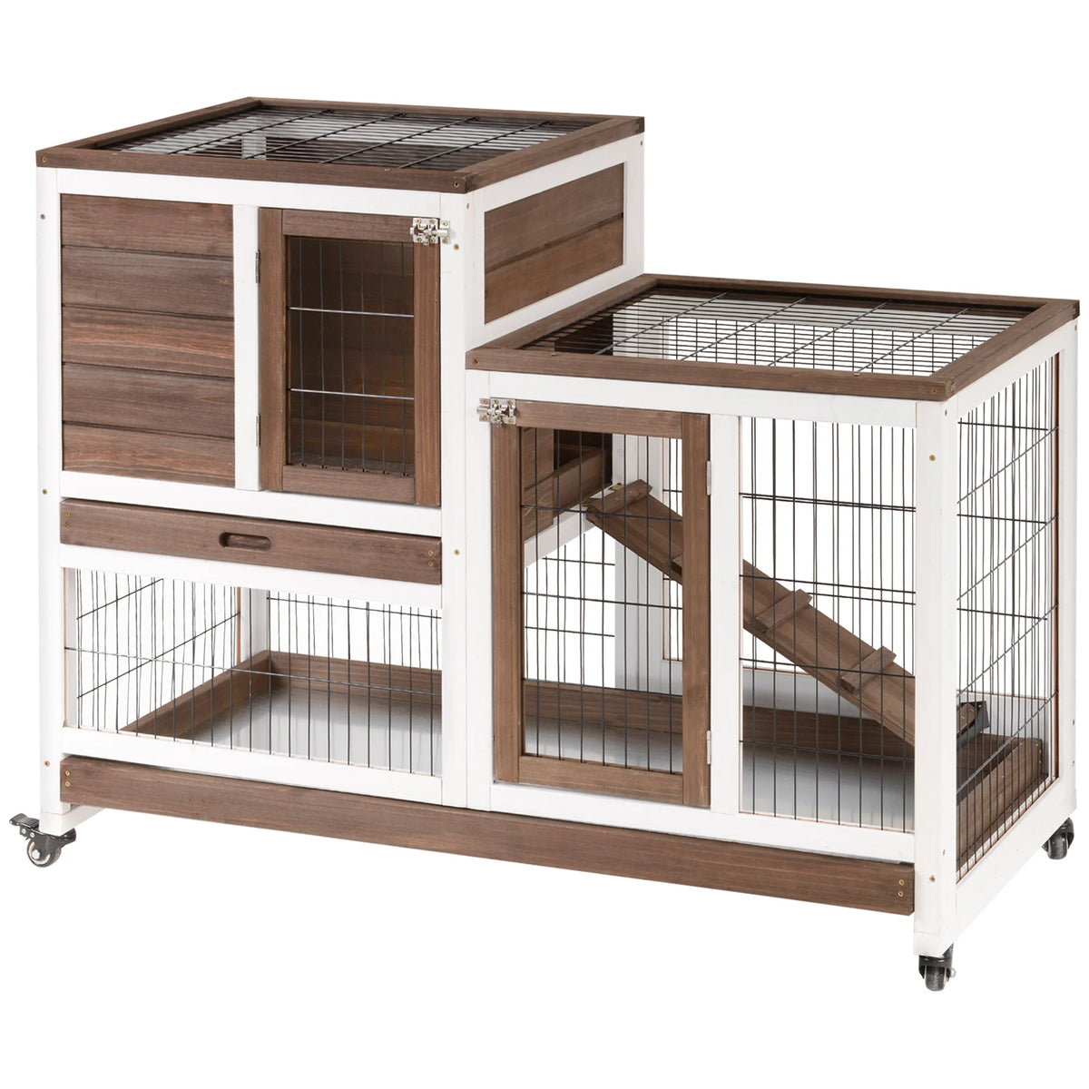 Indoor Rabbit Hutch Elevated 2 Tier Bunny Cage with Enclosed Run Ramp 4 Wheels and Removable Trays