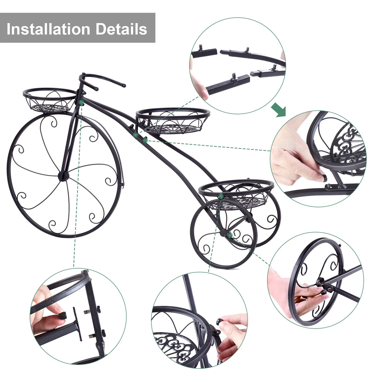 3 Tier Bicycle Shaped Iron Plant Stand 79.5x52cm 28kg Capacity Black for Living Room Garden Patio Balcony