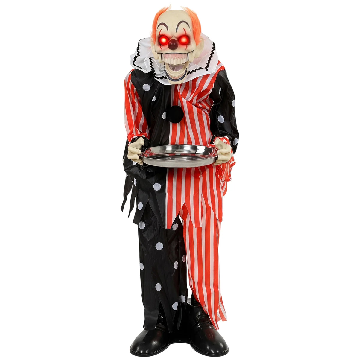 Animated Halloween clown with orange hair and a candy tray