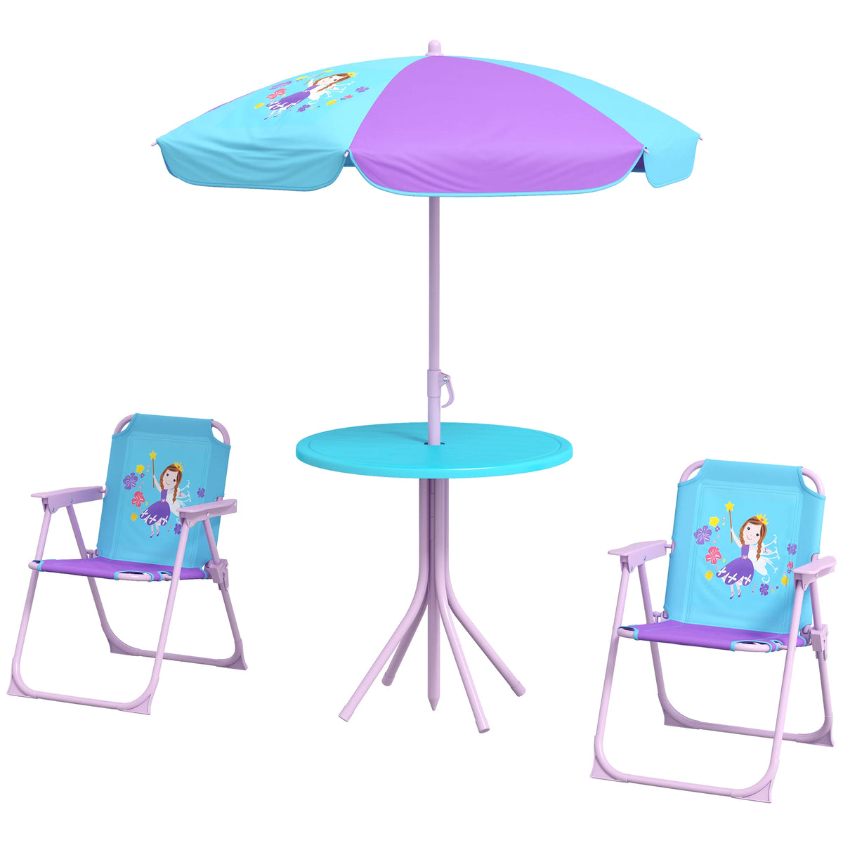 Kids Bistro Table and Chair Set Fairy Theme with 86-122cm Adjustable Parasol and Safety Lock Folding Chairs