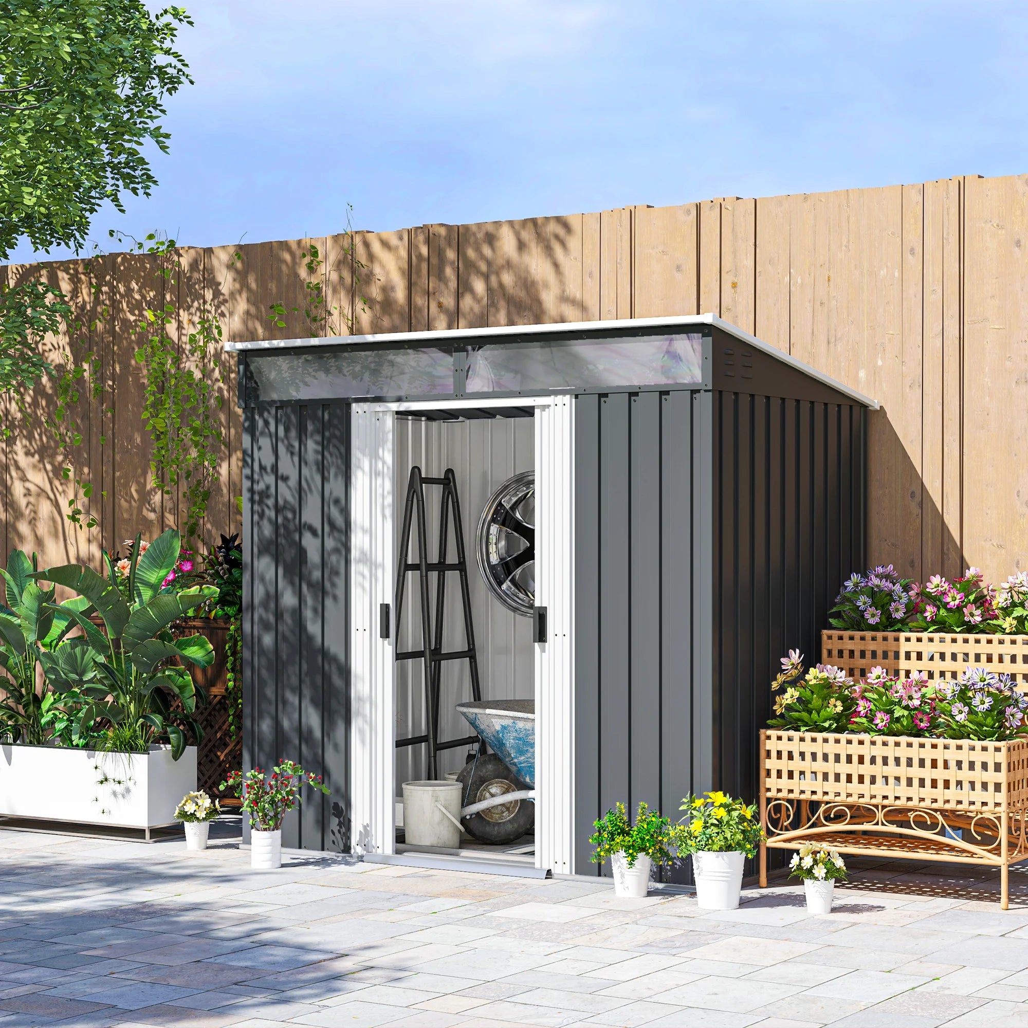 6.5 x 4ft Galvanised Metal Garden Shed with Sliding Doors, Foundation Kit, Windows and Ventilation