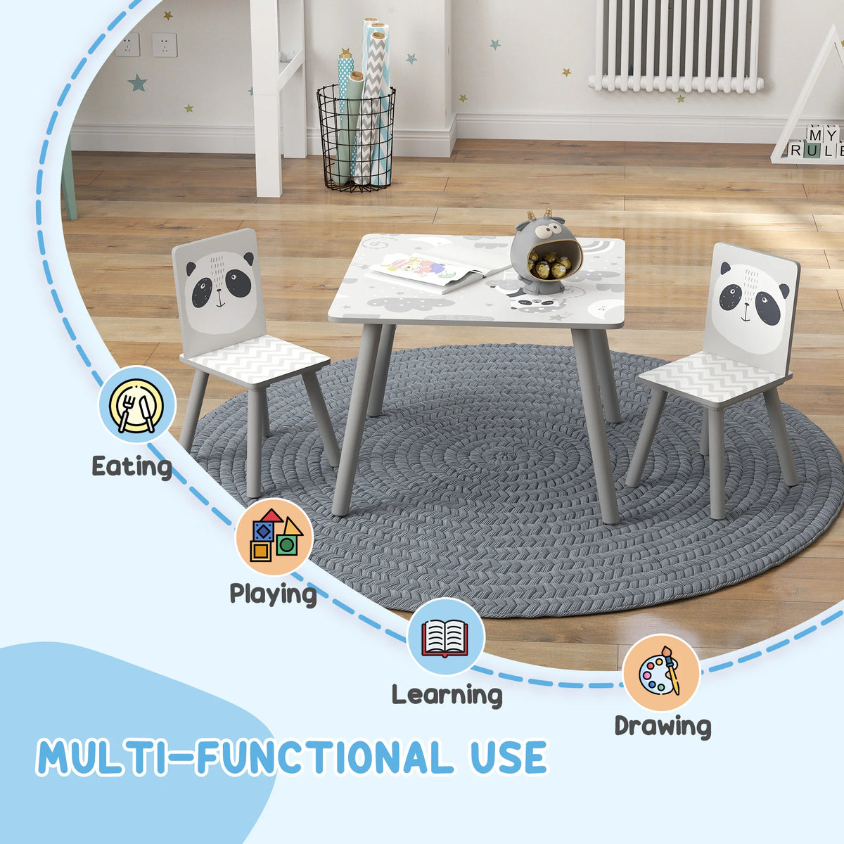 Kids Table and Chair Set Toddler Table with 2 Chairs 3 Pieces Grey