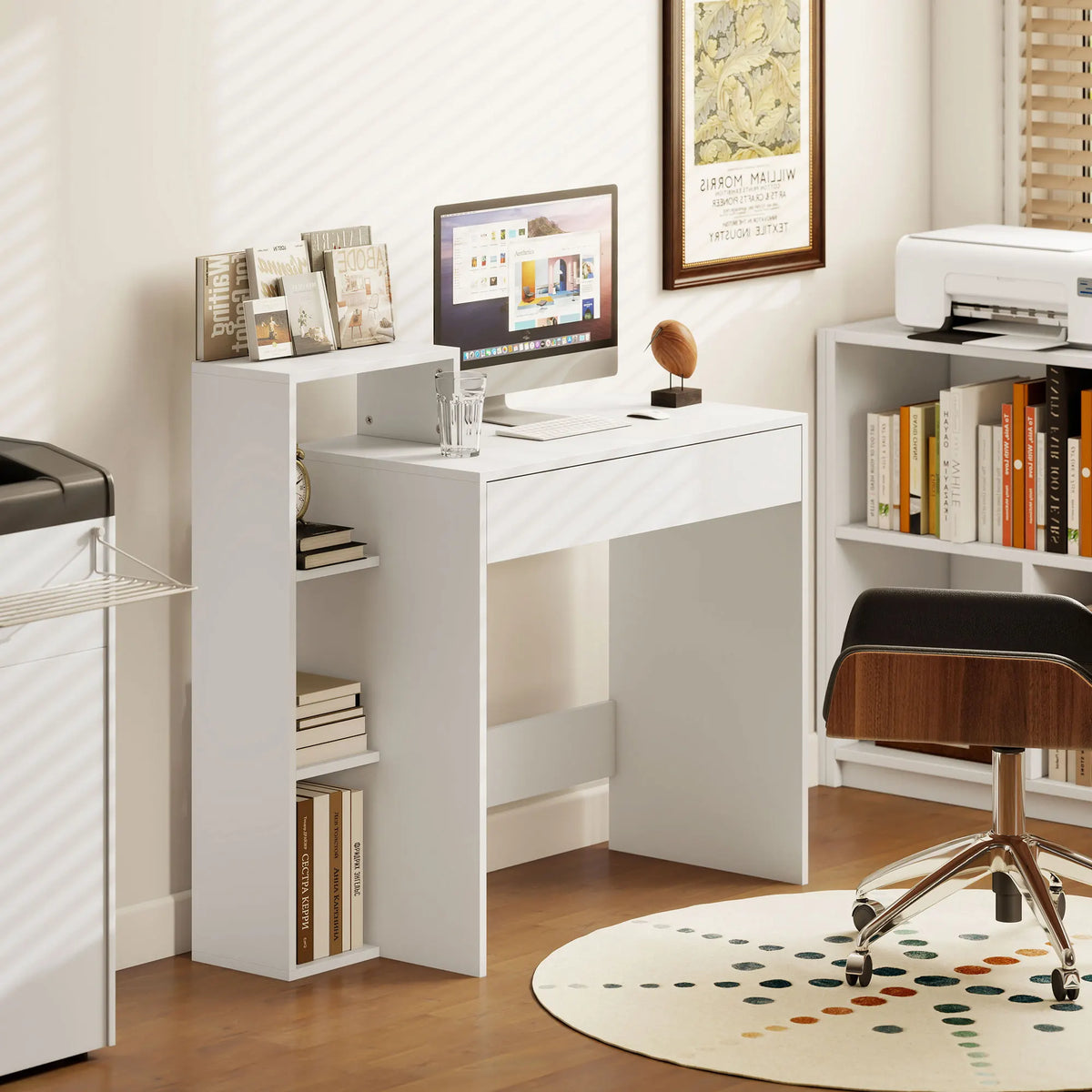 Compact Computer Desk with 3 Open Shelves and Drawer, 100cm, White