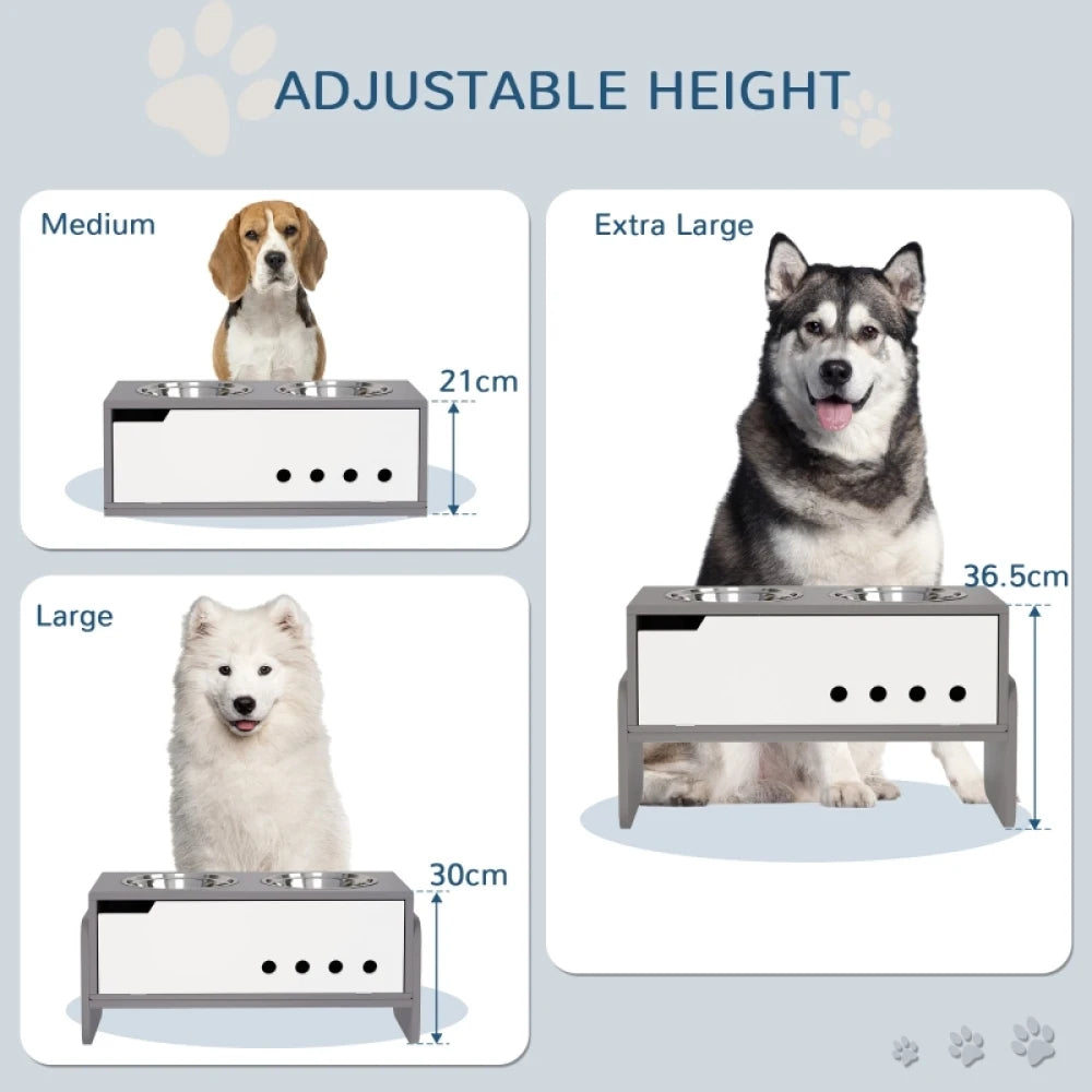 Height Adjustable Raised Dog Bowls 62.5x30x36.5cm Wooden Feeding Station Storage Slow Feeder Mat Grey