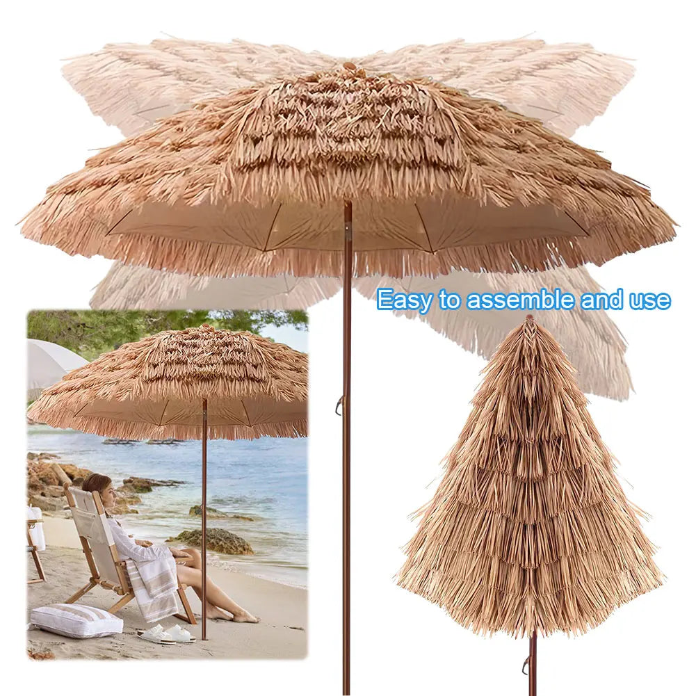 6.23ft/1.9m Thatched Tiki Beach Umbrella, Height Adjustable Natural Garden Patio Umbrella, 8 Ribs