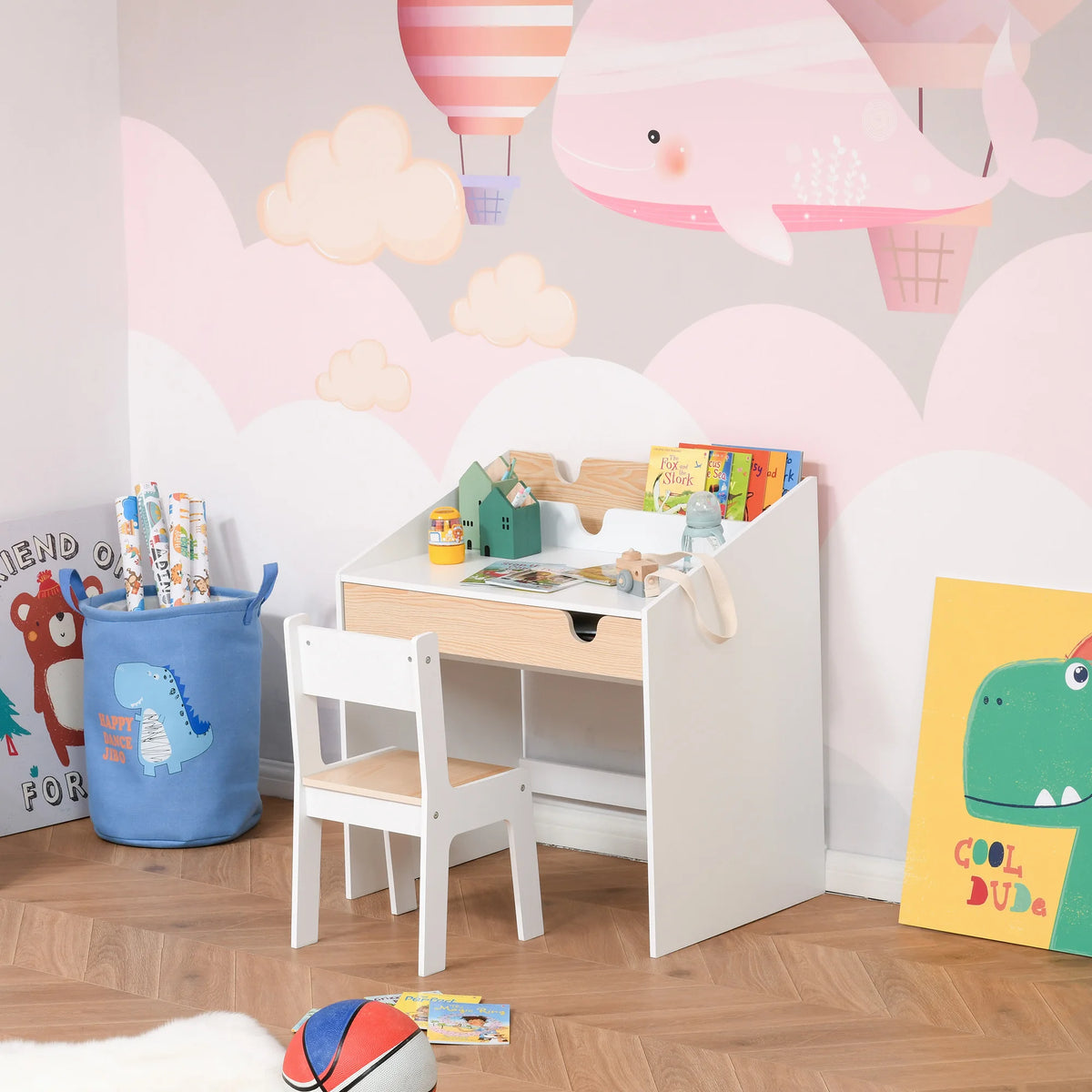 Kids Study Desk and Chair Set with Pull Out Drawer and Bookshelf MDF Rounded Edges for Ages 3-6