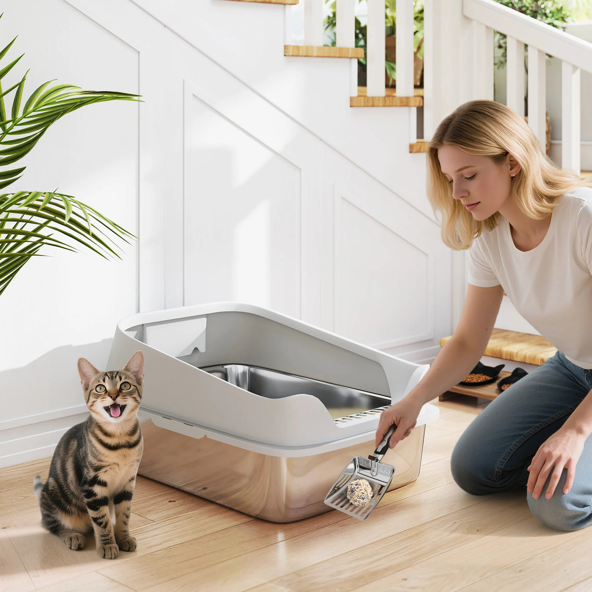 XL Stainless Steel Cat Litter Box with High Sides and Scoop, 60 x 40 x 30cm