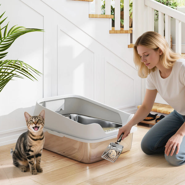 XL Stainless Steel Cat Litter Box with High Sides and Scoop, 60 x 40 x 30cm