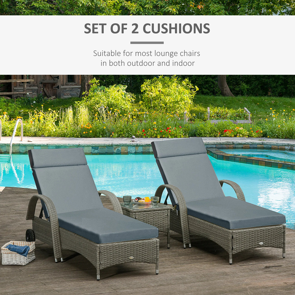 Set of 2 Deep Seat Patio Lounger Cushions with Ties, Dark Grey