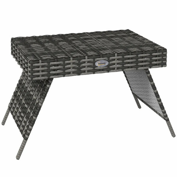 Foldable Rattan Garden Side Table 60x41x41cm Steel Frame 30kg Capacity Space Saving for Patio Balcony Mixed Grey