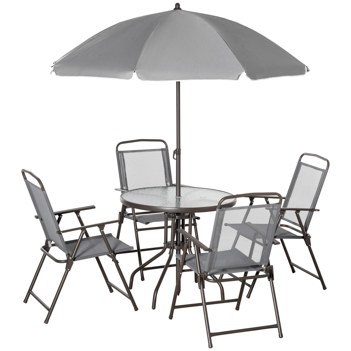 6 Piece Garden Dining Set with Parasol, Patio Table and 4 Chairs, Tempered Glass Top