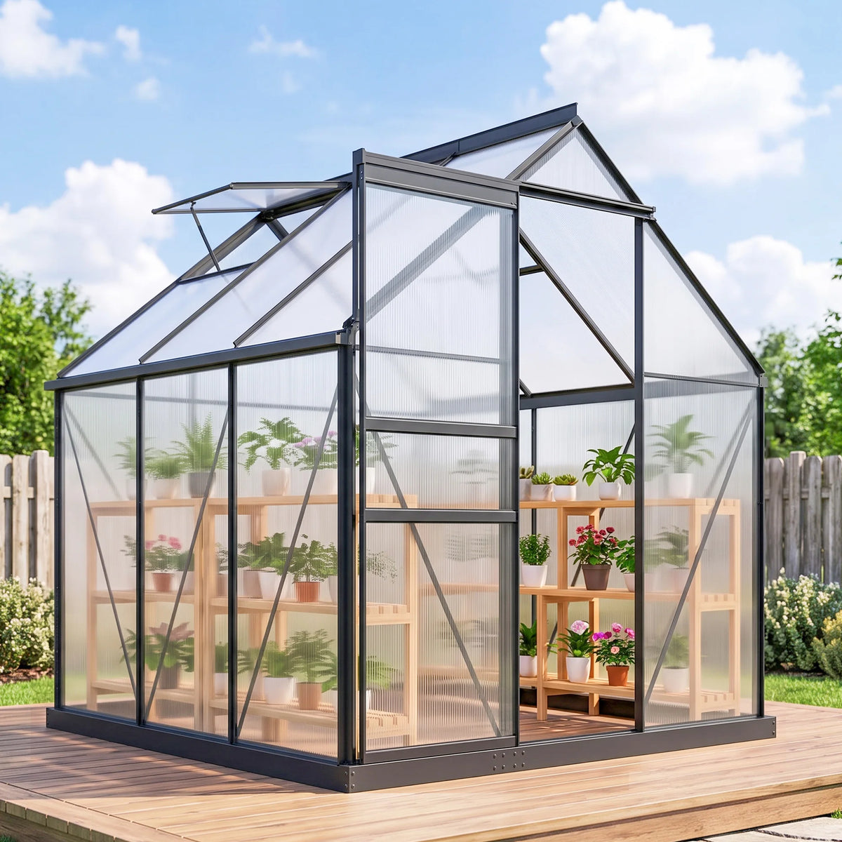 6 x 6ft Walk-In Polycarbonate Greenhouse with Aluminium Frame and Sliding Door, Grey