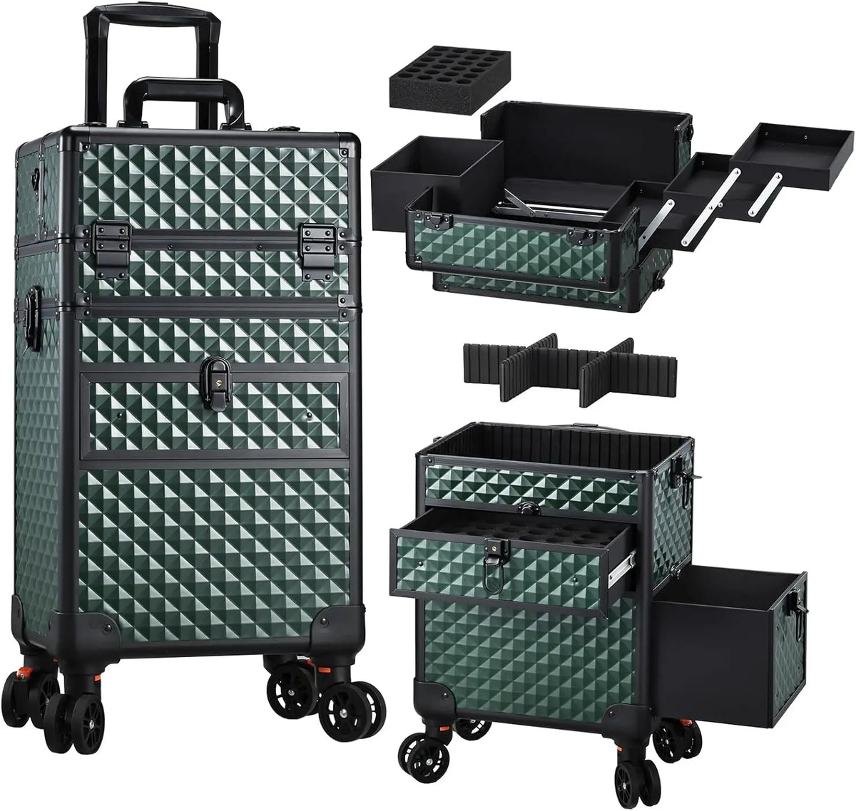 Cosmetology Case on Wheels with Large Trays and Drawers 36-55L PVC Rolling Salon Cart for Barbers and Manicure