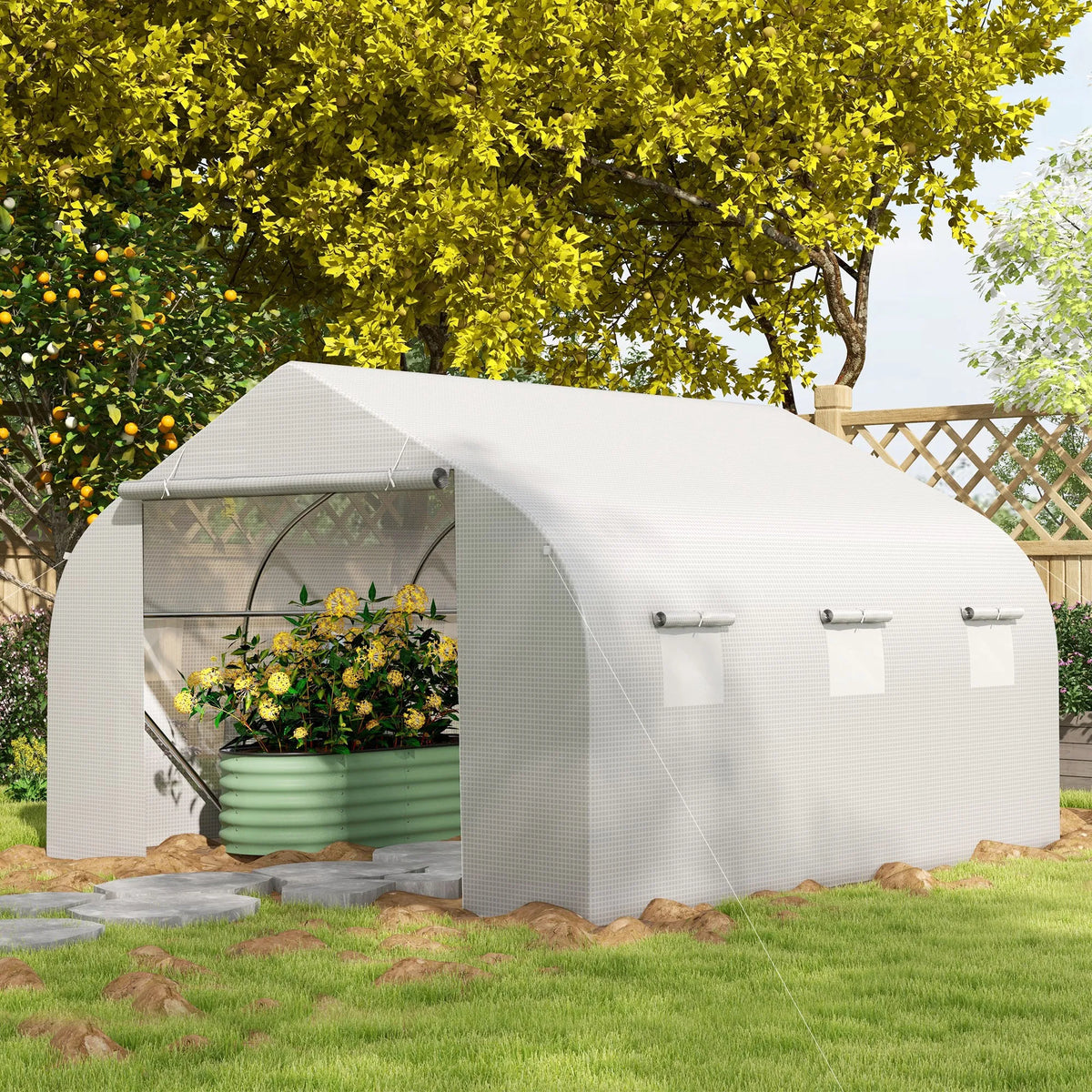 Walk-In Polytunnel Greenhouse with Roll-Up Door and Mesh Windows, 3.5 x 3 x 2m, White
