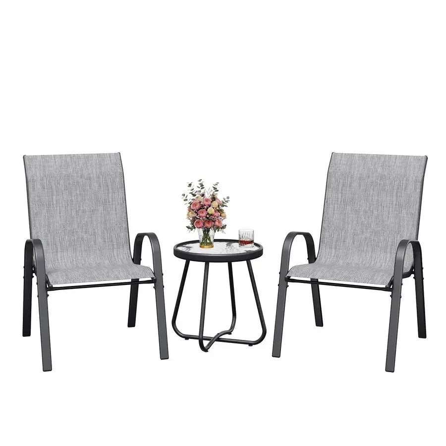 3-Piece Outdoor Bistro Set with Stackable High-Back Chairs and Glass Top Table for Balcony and Patio
