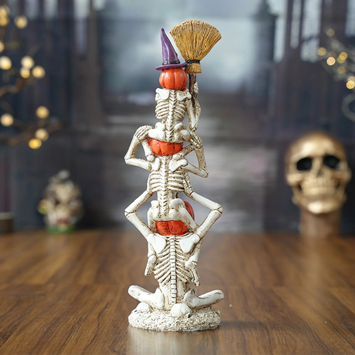 Halloween Skeleton with Stacked Pumpkins Resin Ornament, 32cm