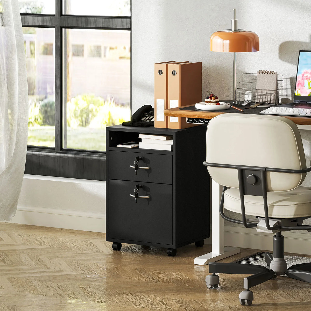 Filing Cabinet 60cm with Bottom Cupboard Top Drawer Open Shelf and Rolling Casters Printer Stand Black