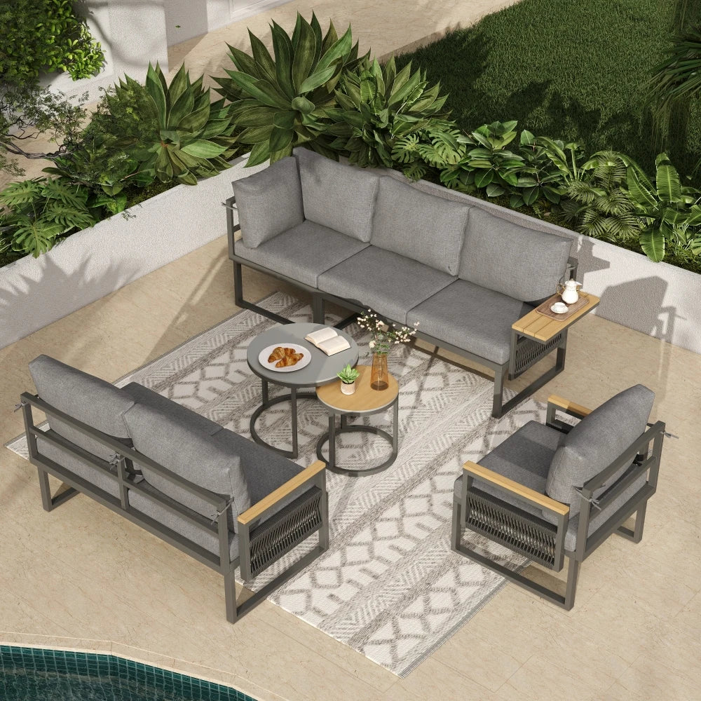 5-6 Seater Garden Corner Sofa Set, Rope Woven Outdoor Sofa with Armchair & 2 Nesting Coffee Tables