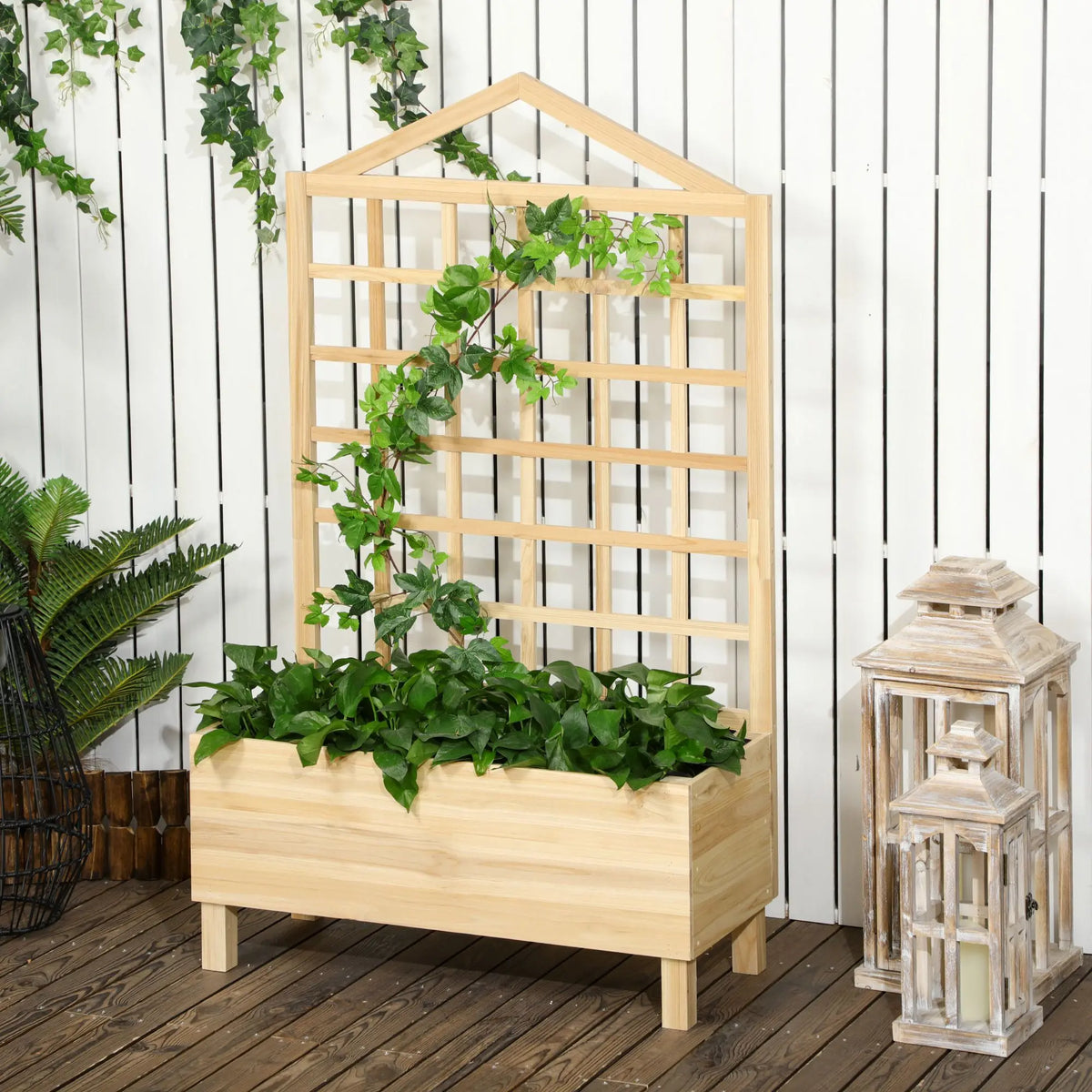 Wooden Planter with Trellis for Climbing Plants, Fir Wood Raised Bed, 90 x 43 x 150 cm