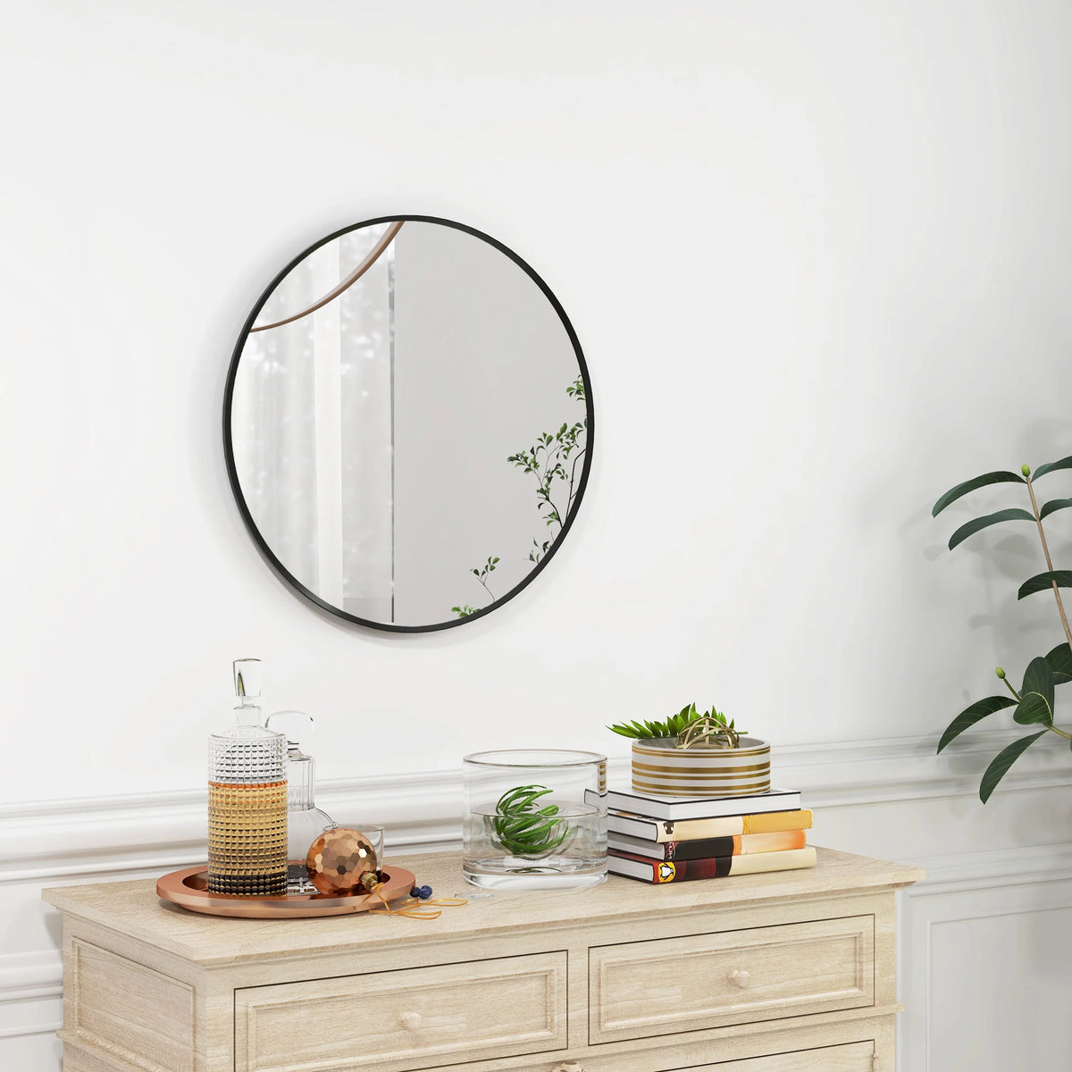 Round Wall Mirror for Living Room, Bedroom and Bathroom, 61cm, Black
