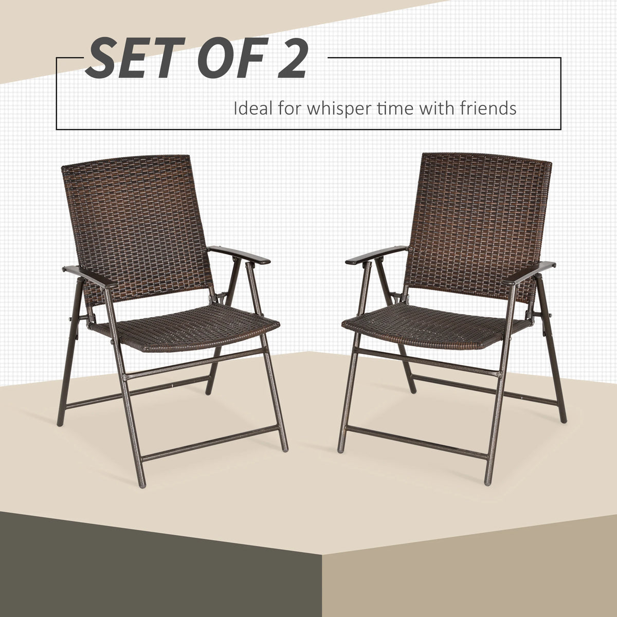 2pcs Rattan Chair Garden Furniture, Foldable Wicker Chairs with Steel Frame, Brown
