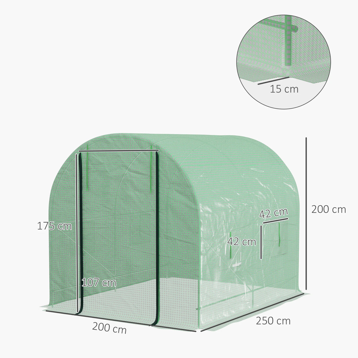 2.5 x 2m Walk-In Polytunnel Greenhouse, with Steel Frame, PE Cover, Roll-Up Door and 4 Windows, Green