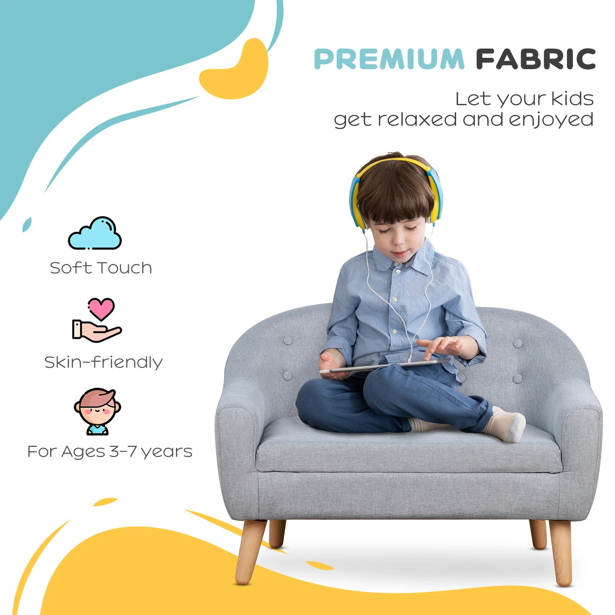 Kids 2 Seater Mini Sofa with Wood Frame Padded Seat Linen Look Upholstery Button Back Detail Grey