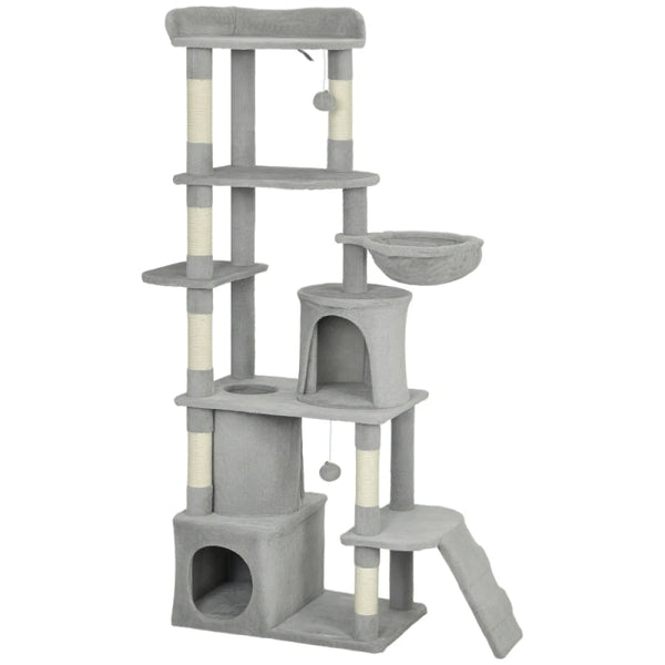 PINGGO 170cm Large Cat Tree Tower 7 Scratching Posts 2 Condos Hammock Light Grey