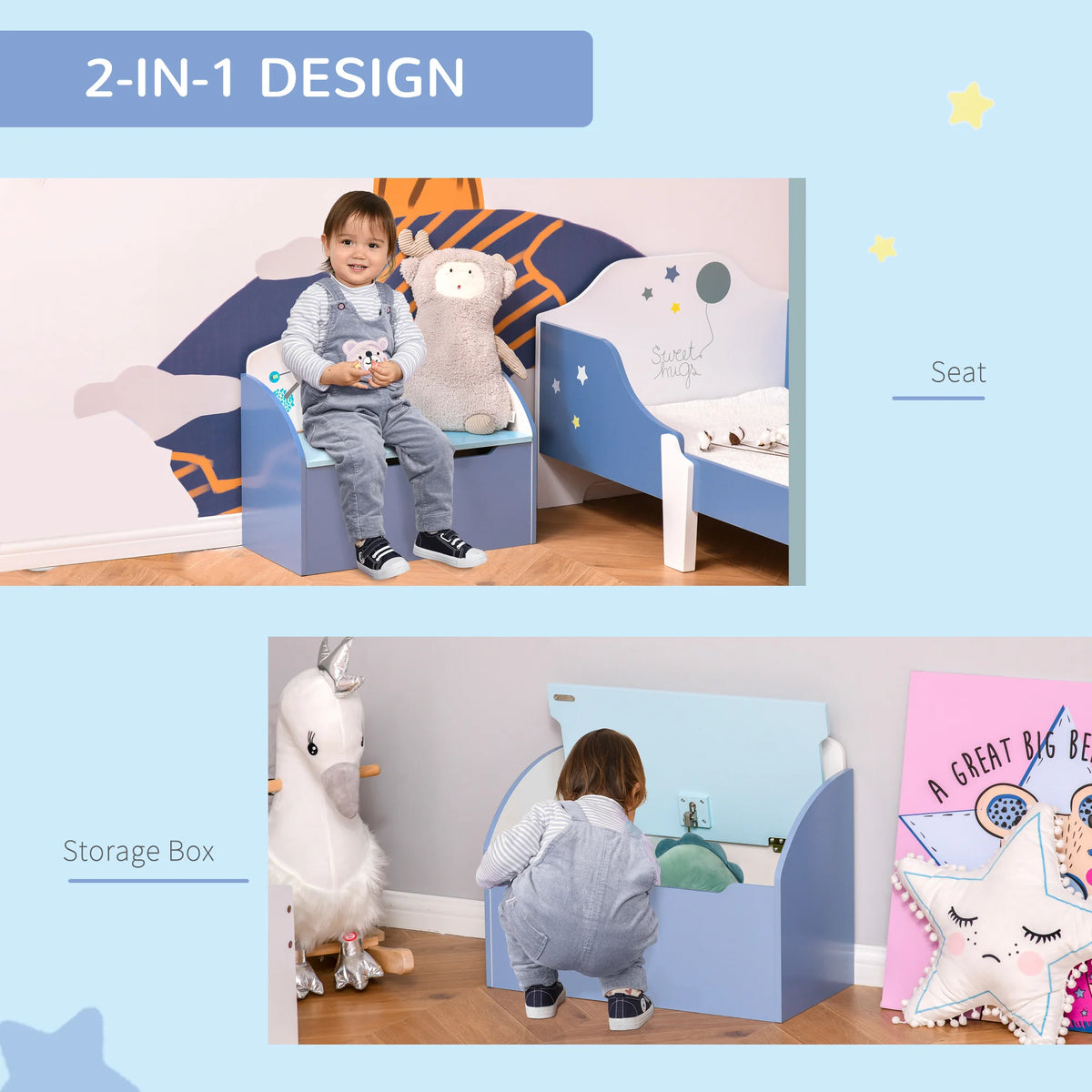 Kids Wooden Toy Box and Bench with Gas Hinge Lid MDF Storage Chest with Front Vent Blue