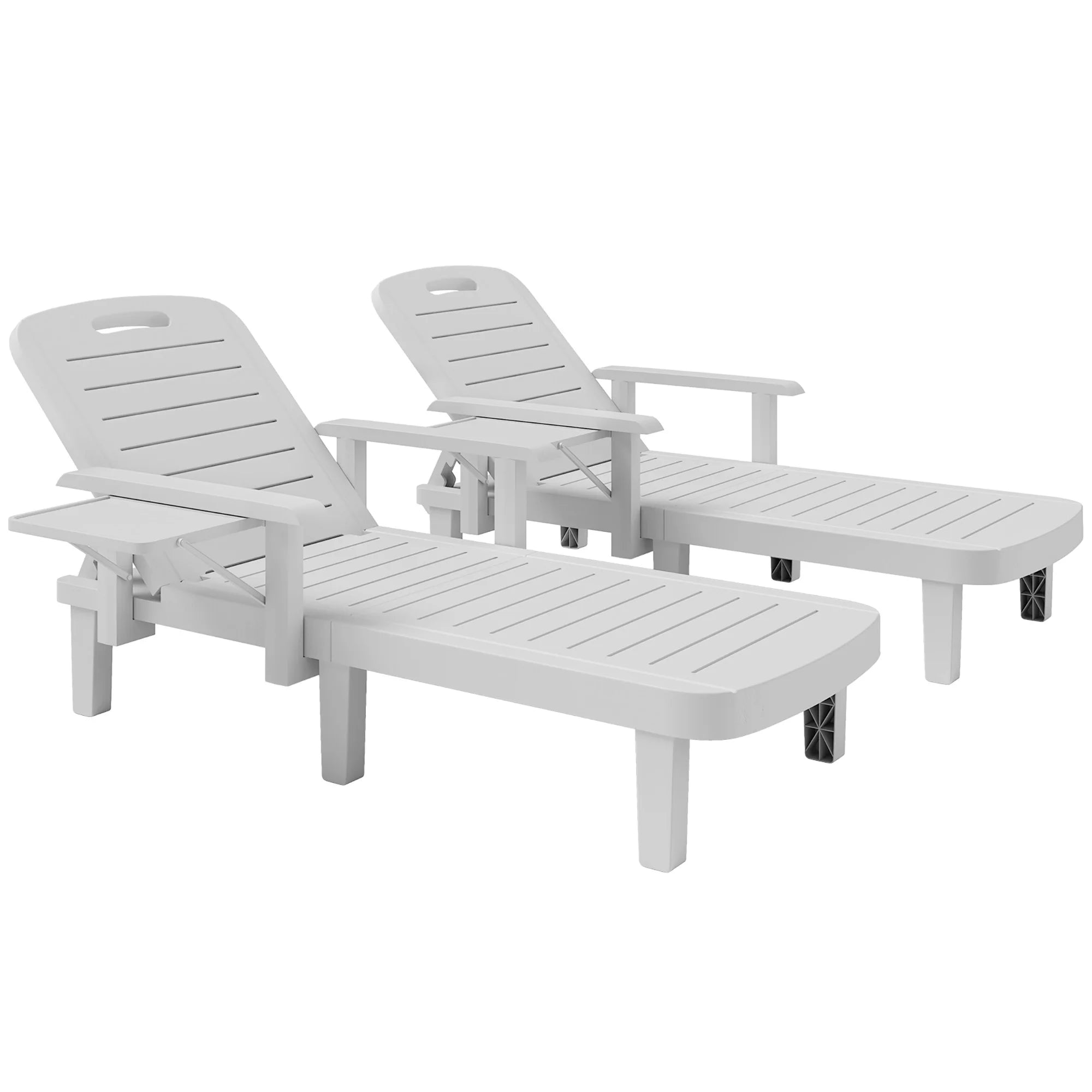 Set of 2 Reclining Garden Sun Loungers with 5 Positions, Armrests and Foldable Side Table