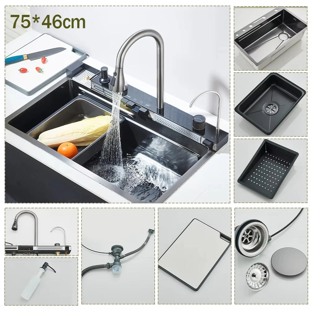 304 Stainless Steel Waterfall Kitchen Sink with Digital Display & Touch Faucet – Double Bowl