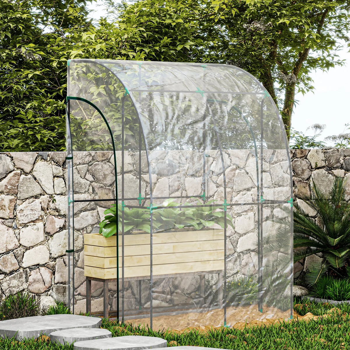 143 x 118 x 212cm Outdoor Walk-In Lean-To Wall Tunnel Greenhouse with Roll-Up Doors