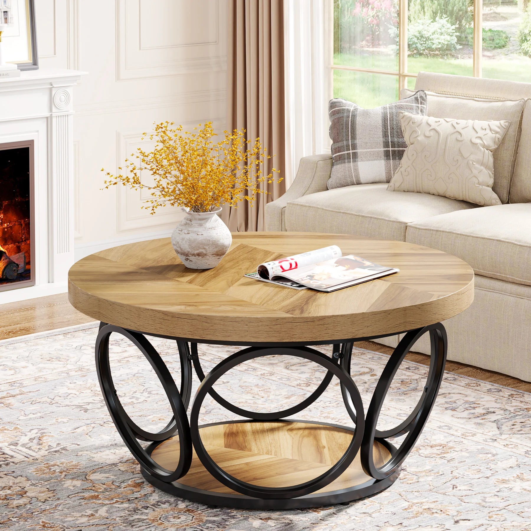 Round Coffee Table 80cm Wooden Center Table with 2 Tier Storage Farmhouse Style