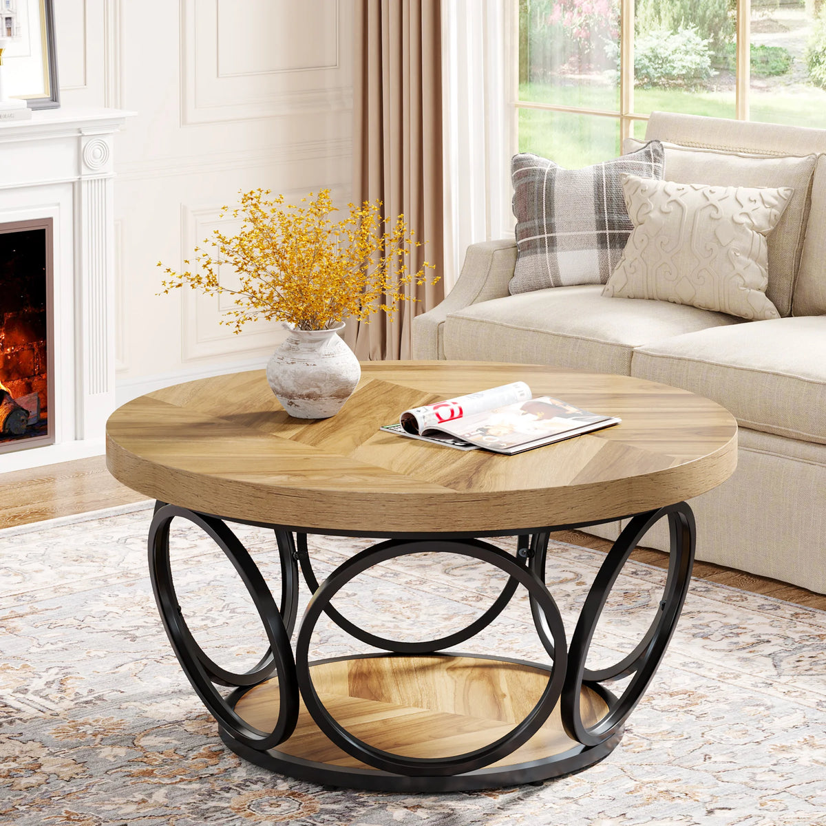 Round Coffee Table 80cm Wooden Center Table with 2 Tier Storage Farmhouse Style