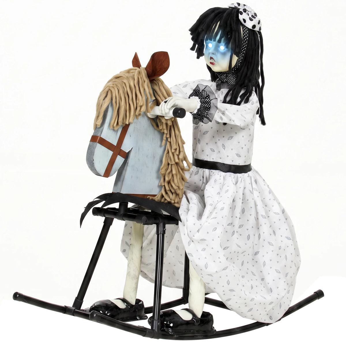 Animated Halloween prop of a creepy girl on a rocking horse