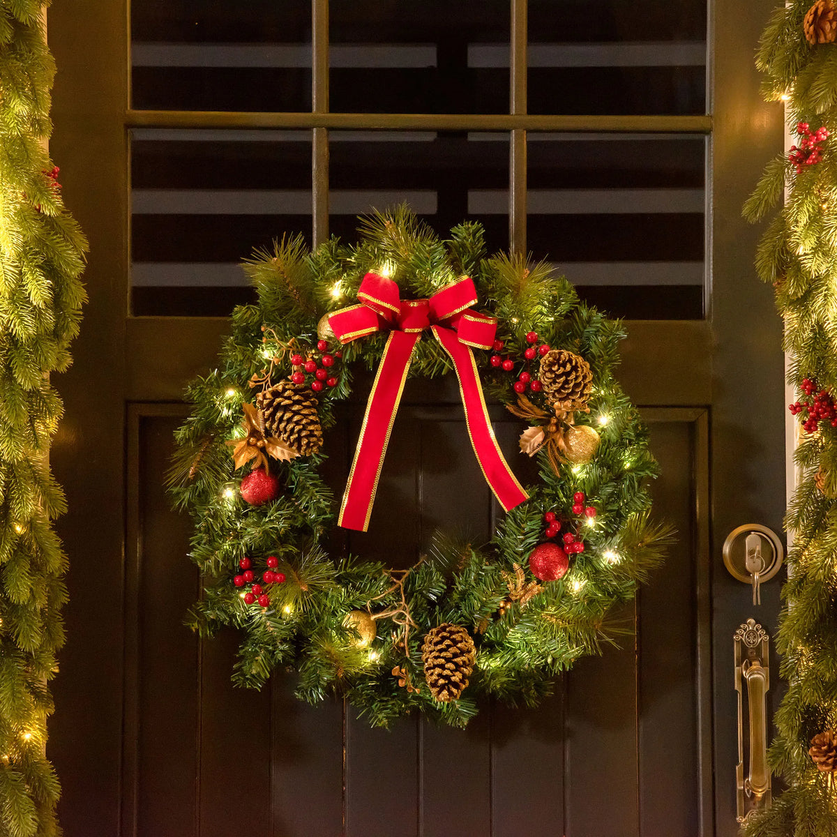 Pre-Lit Artificial Christmas Wreath with Holly, Pine Cones and 20 LED Lights, 60cm