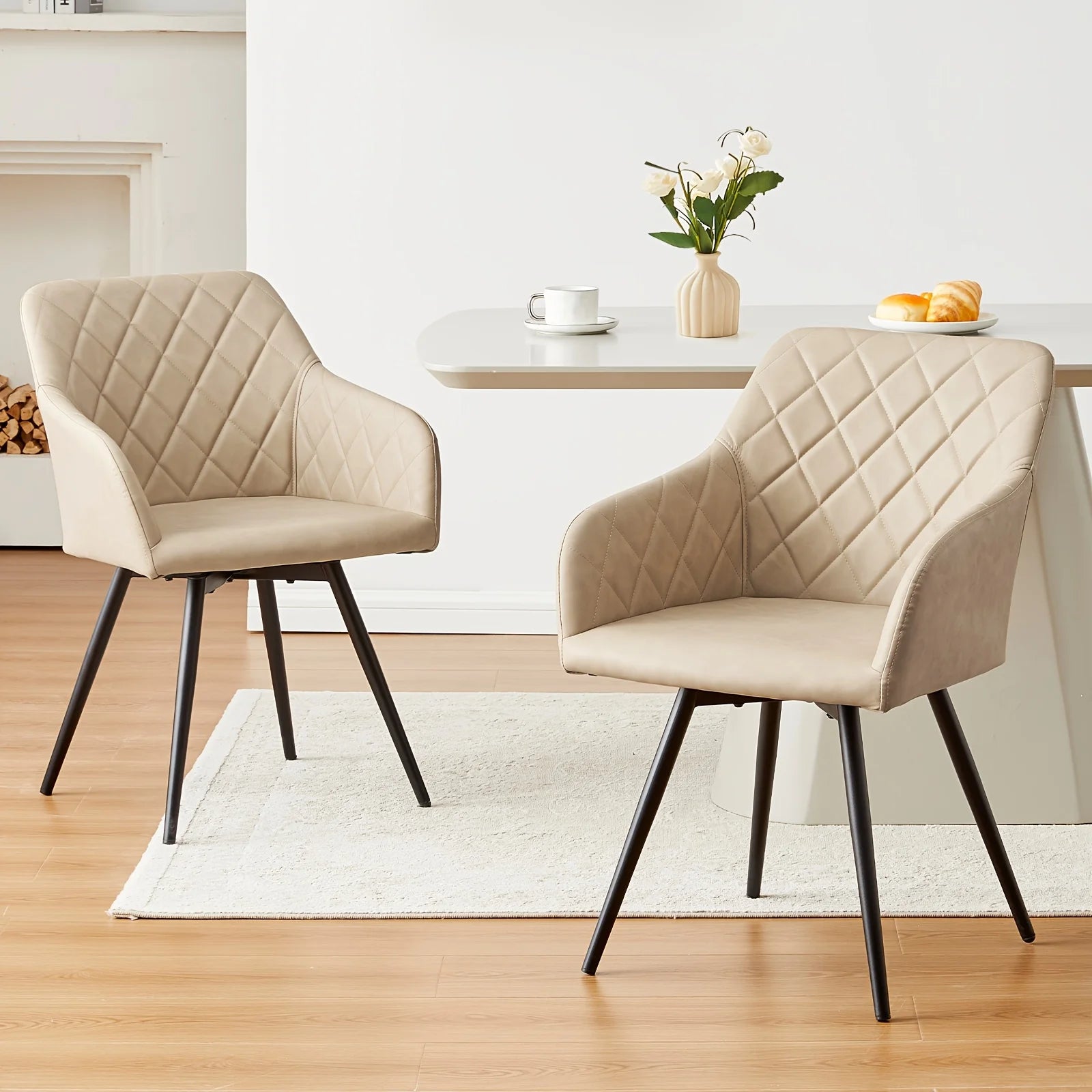 Set of 2 Faux Leather Swivel Dining Chairs with Armrests | Upholstered Kitchen Office Bedroom Living Room Chairs