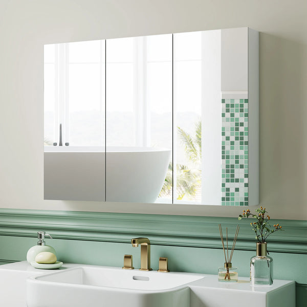Wall-Mounted Bathroom Mirror Cabinet with 3 Mirrored Doors and Adjustable Shelves, White