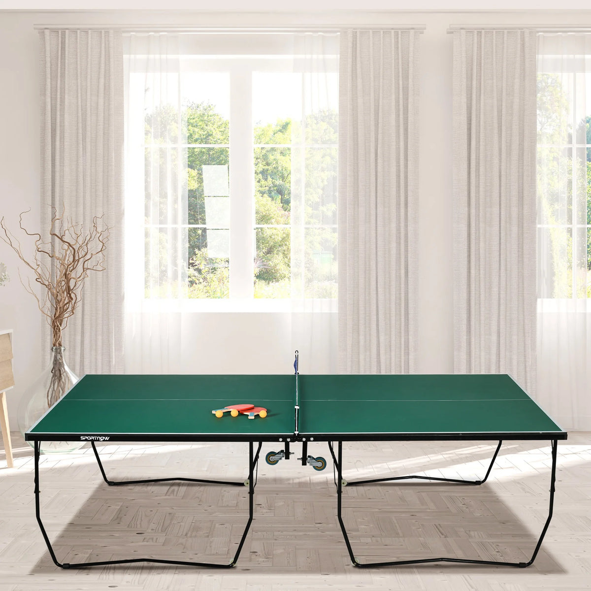 9FT Table Tennis Table, Portable, 4 Wheels, 2 Bats, 3 Balls