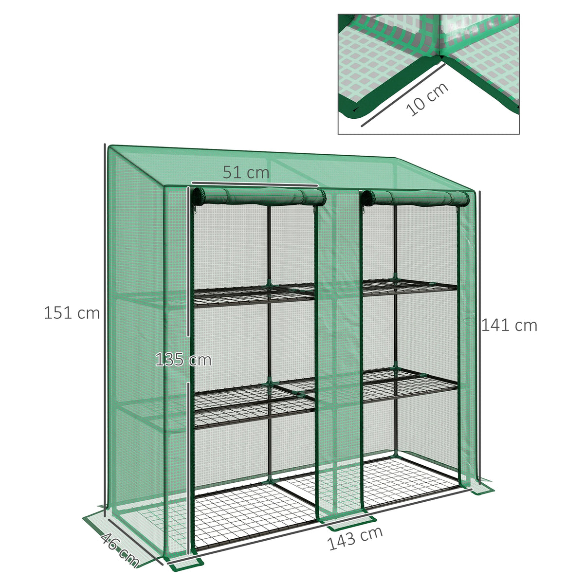 3 Tier Lean-to Mini Greenhouse with Reinforced Plastic Cover, Portable Indoor Outdoor Green House with 2 Roll-up Doors