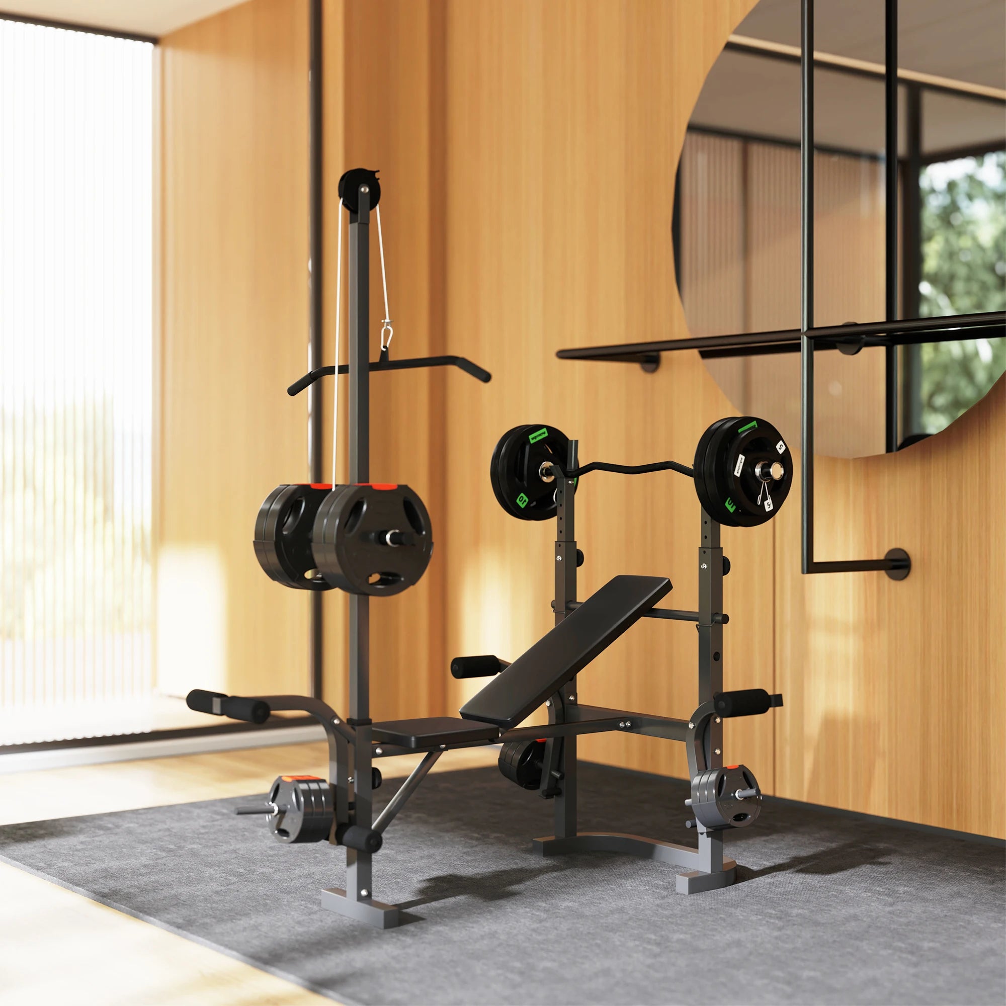Adjustable Weight Bench with Barbell Rack Preacher Curl Leg Extension Lat Pulldown Home Gym Multi Station