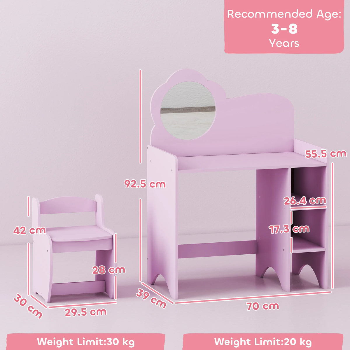 Kids Dressing Table and Chair Set with Mirror and Storage Compartments